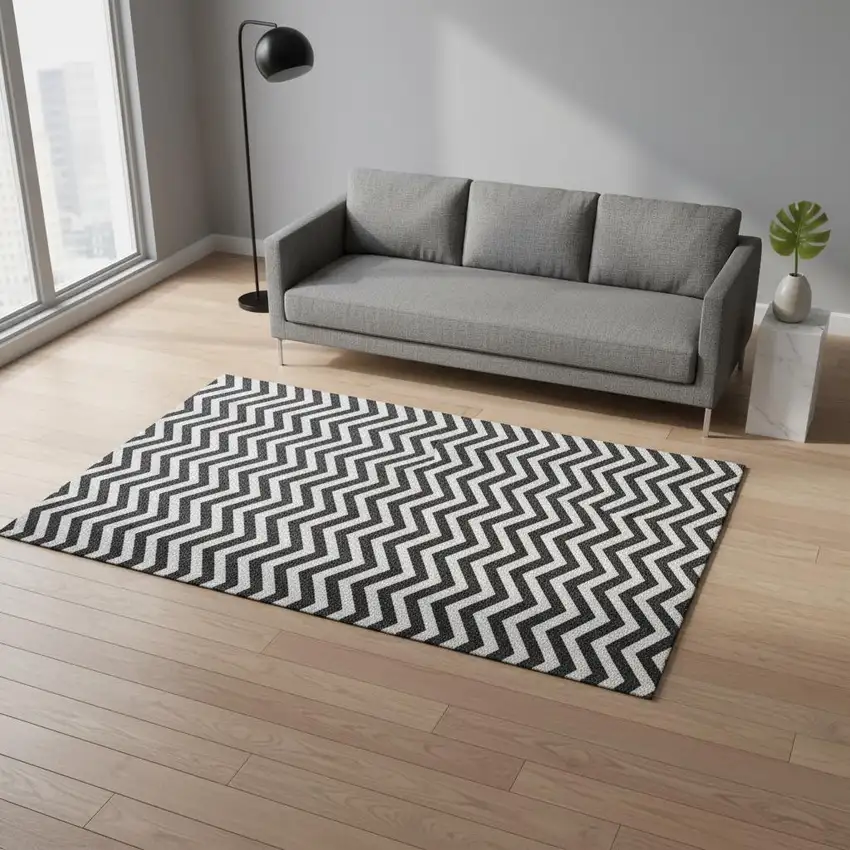 Black And Ivory Chevron Washable Area Rug With UV Protection Photo 2