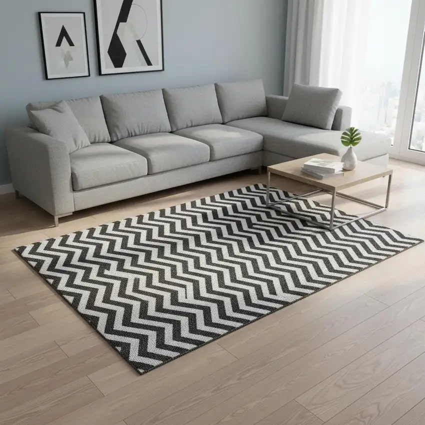 Black And Ivory Chevron Washable Area Rug With UV Protection Photo 2