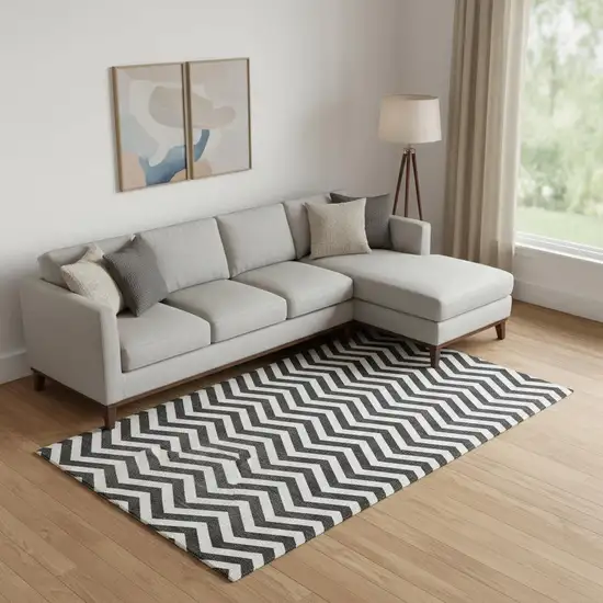 Black And Ivory Chevron Washable Area Rug With UV Protection Photo 1