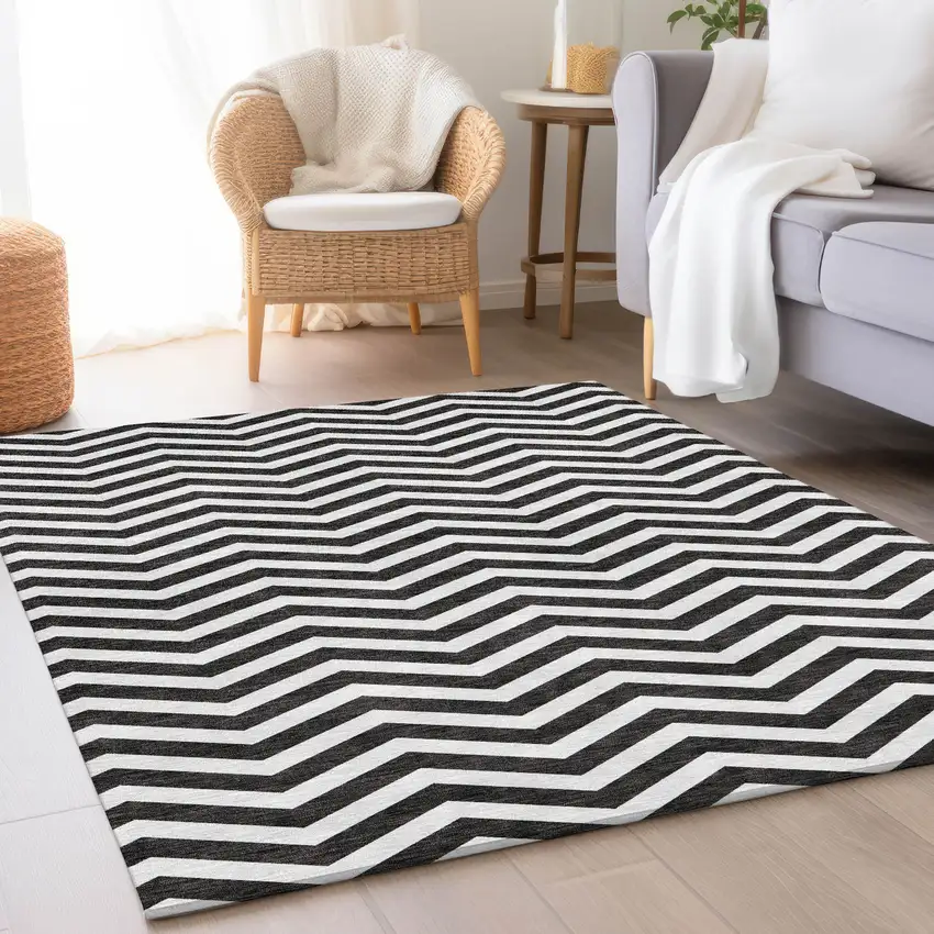Black And Ivory Chevron Washable Area Rug With UV Protection Photo 5
