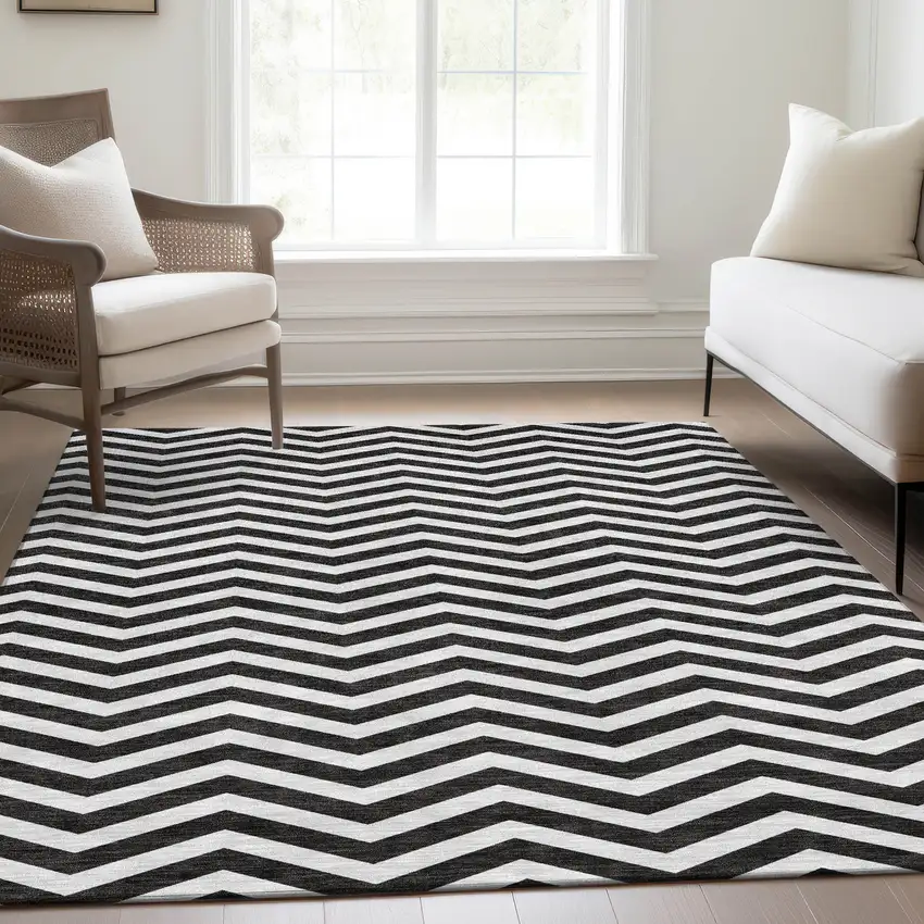 Black And Ivory Chevron Washable Area Rug With UV Protection Photo 6