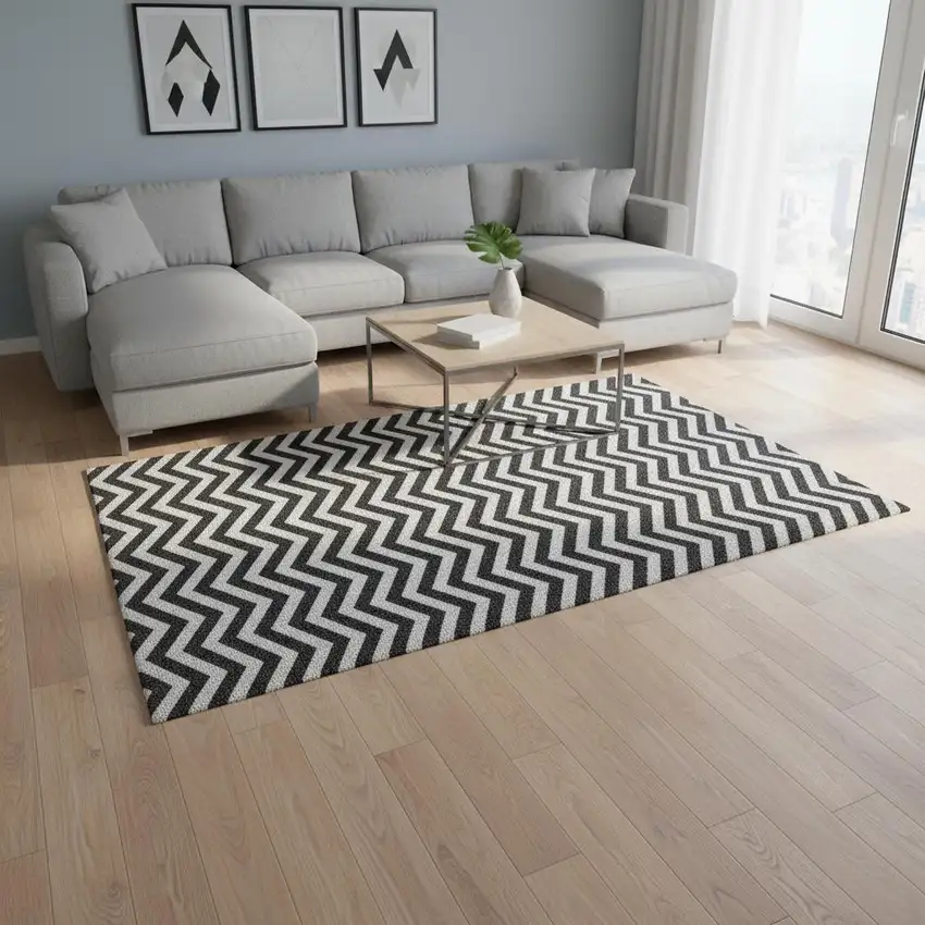 Black And Ivory Chevron Washable Area Rug With UV Protection Photo 2
