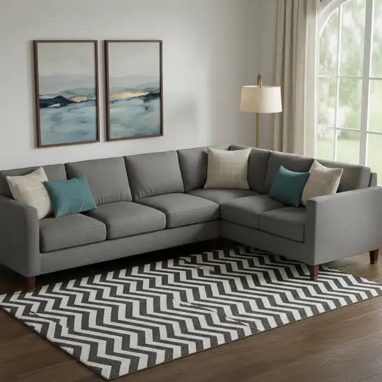 Black And Ivory Chevron Washable Area Rug With UV Protection Photo 1