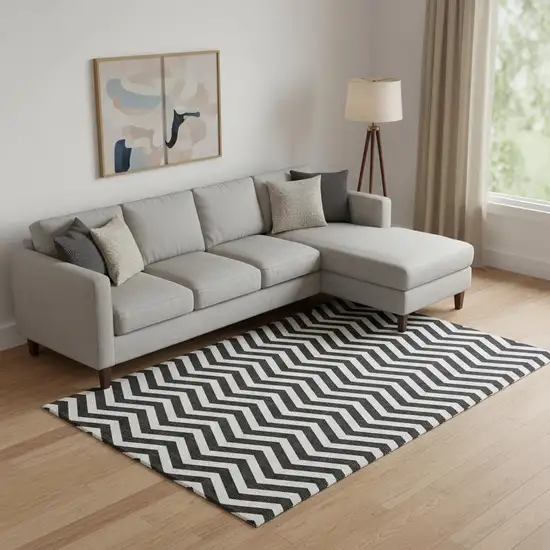 Black And Ivory Chevron Washable Area Rug With UV Protection Photo 1