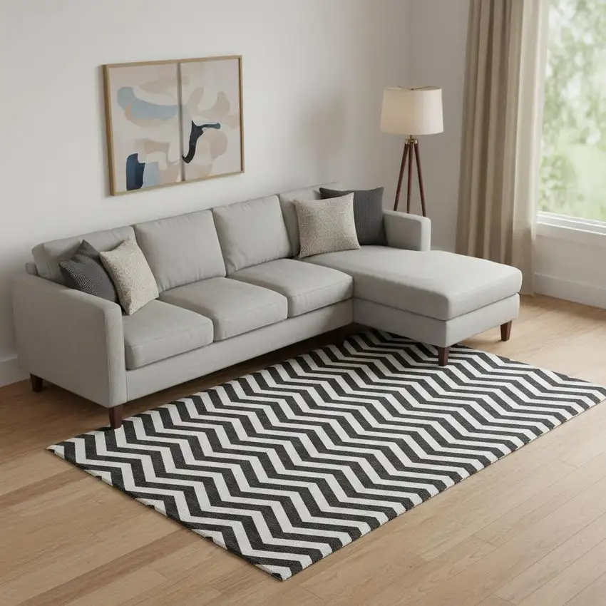 Black And Ivory Chevron Washable Area Rug With UV Protection Photo 1