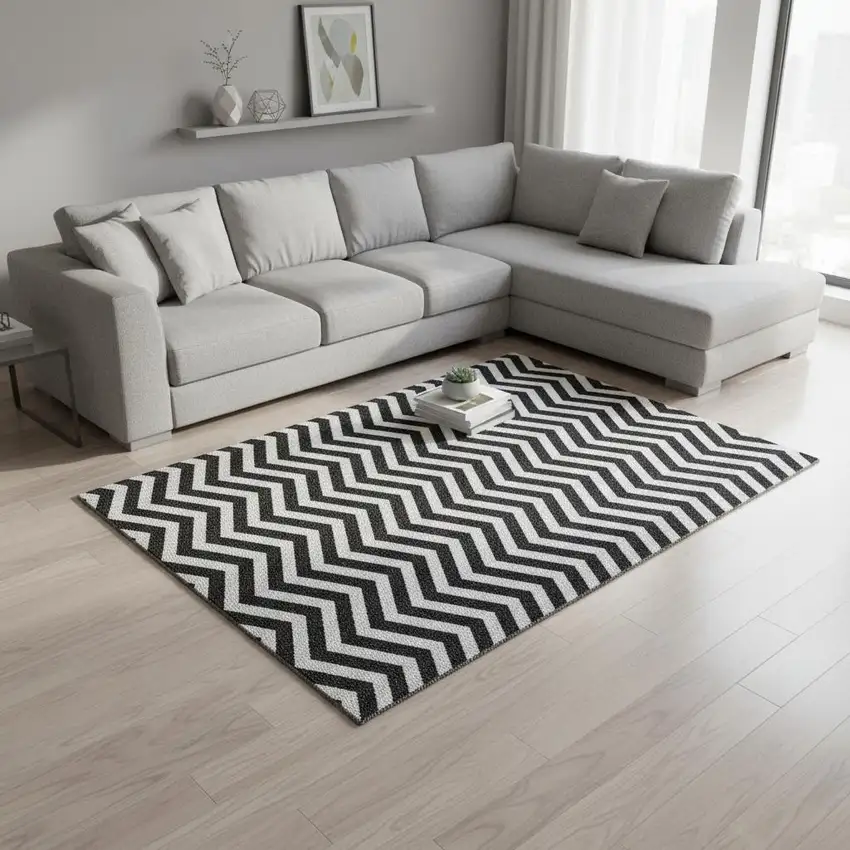 Black And Ivory Chevron Washable Area Rug With UV Protection Photo 2