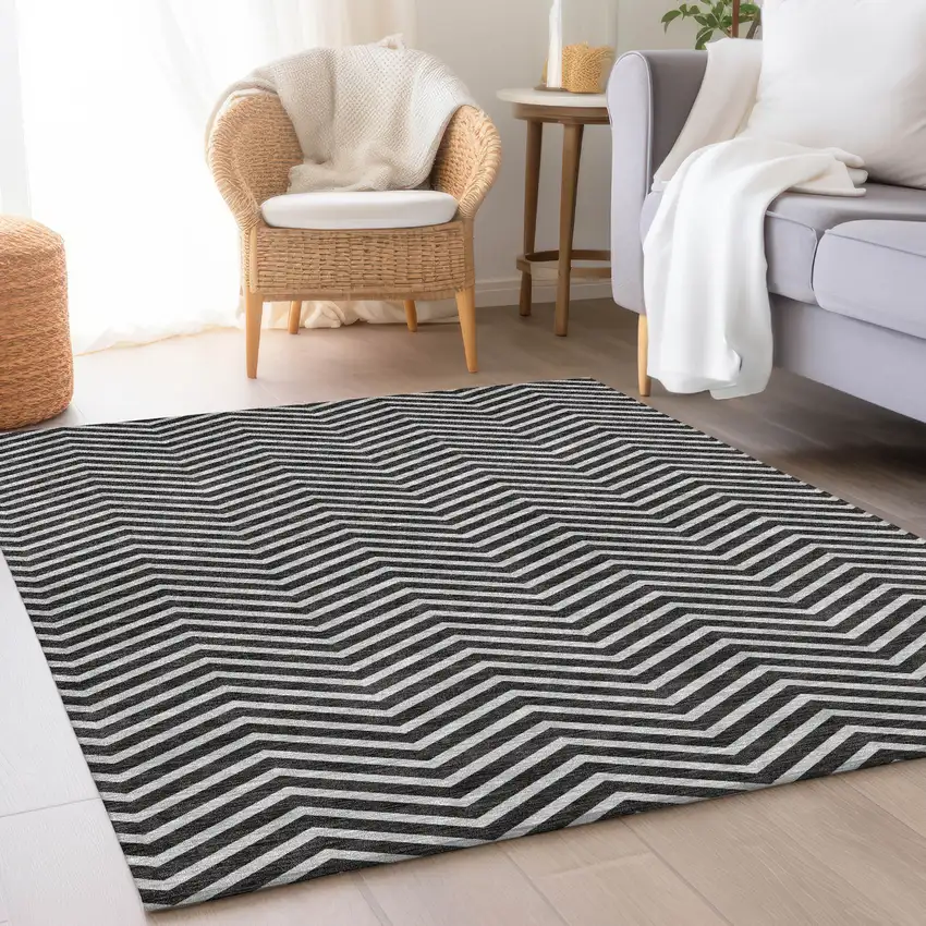 Black And Ivory Chevron Washable Area Rug With UV Protection Photo 4