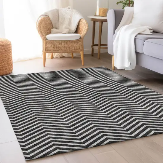 Black And Ivory Chevron Washable Area Rug With UV Protection Photo 4