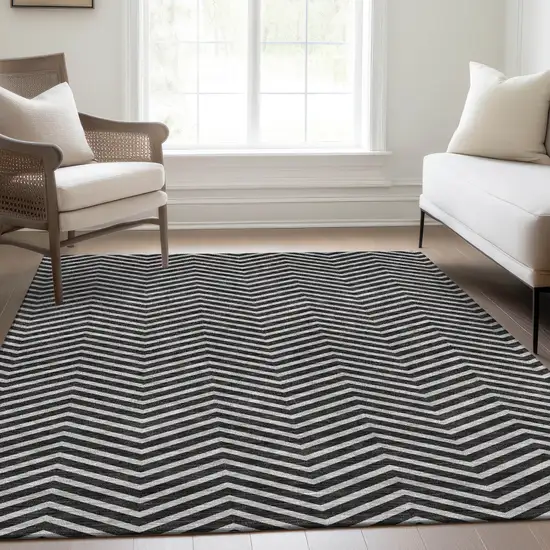 Black And Ivory Chevron Washable Area Rug With UV Protection Photo 5
