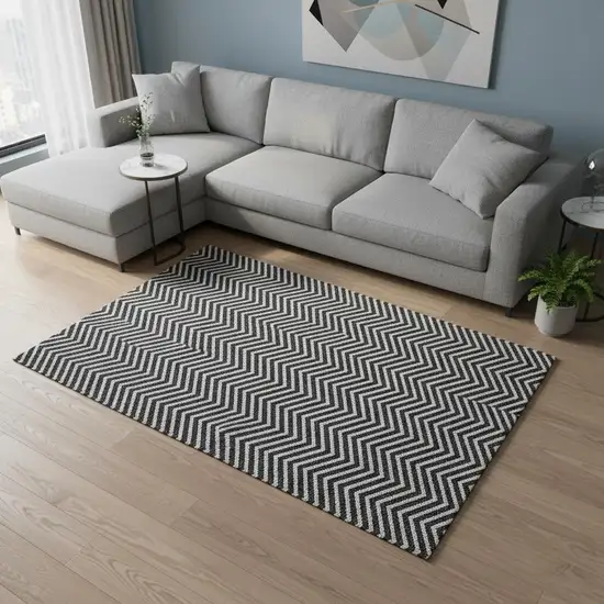 Black And Ivory Chevron Washable Area Rug With UV Protection Photo 2