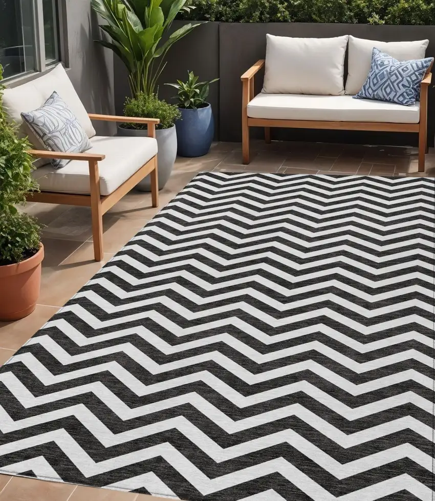 Black And Ivory Chevron Washable Indoor Outdoor Area Rug Photo 1