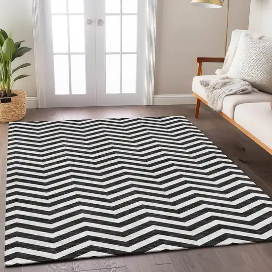Black And Ivory Chevron Washable Indoor Outdoor Area Rug Photo 9