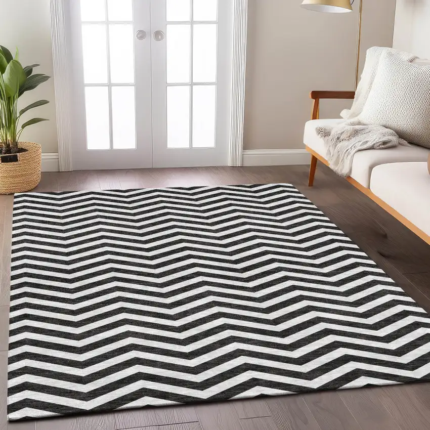 Black And Ivory Chevron Washable Indoor Outdoor Area Rug Photo 9