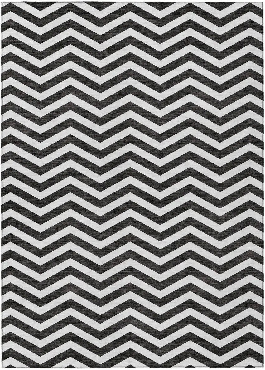 Black And Ivory Chevron Washable Indoor Outdoor Area Rug Photo 2