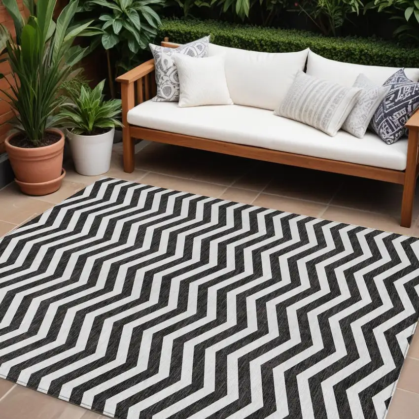 Black And Ivory Chevron Washable Indoor Outdoor Area Rug Photo 1
