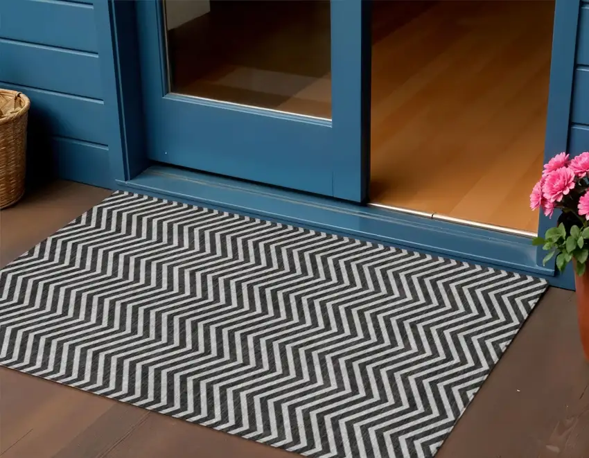 Black And Ivory Chevron Washable Indoor Outdoor Area Rug Photo 1