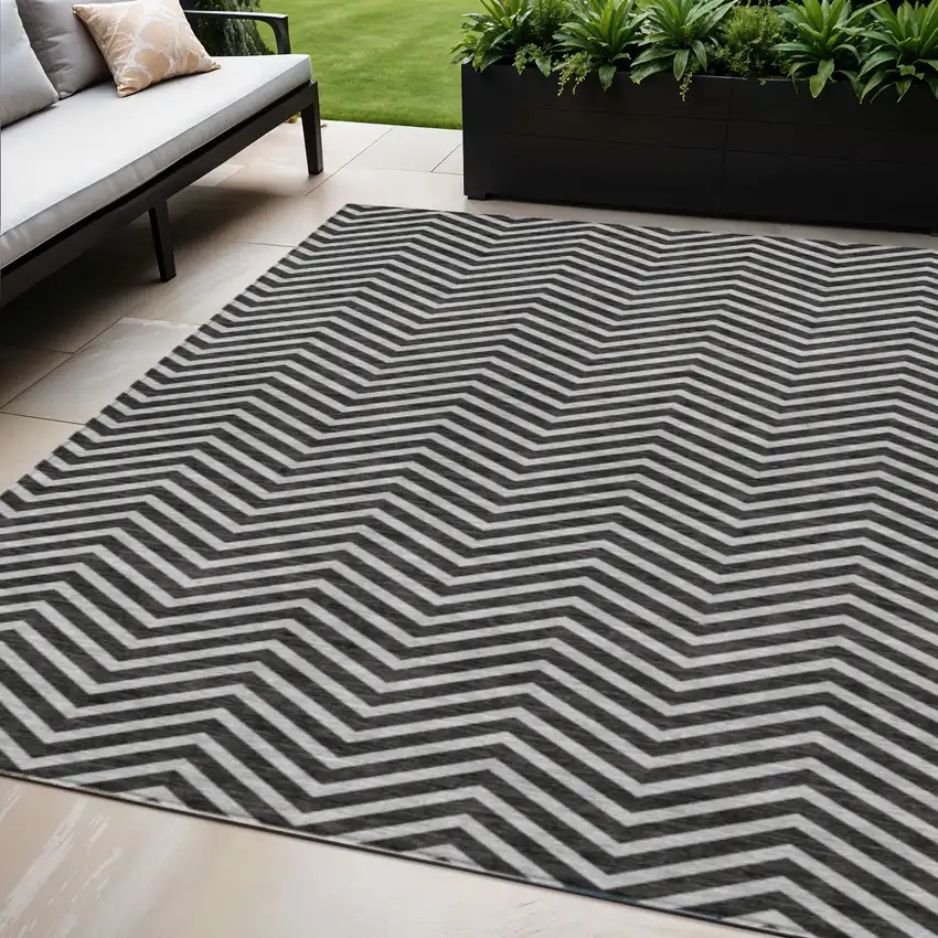 Black And Ivory Chevron Washable Indoor Outdoor Area Rug Photo 1