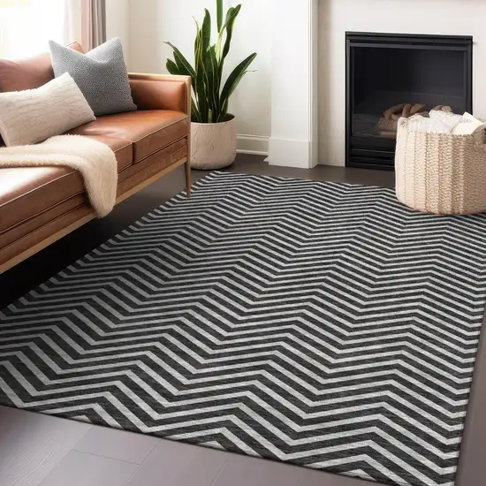 Black And Ivory Chevron Washable Indoor Outdoor Area Rug Photo 9