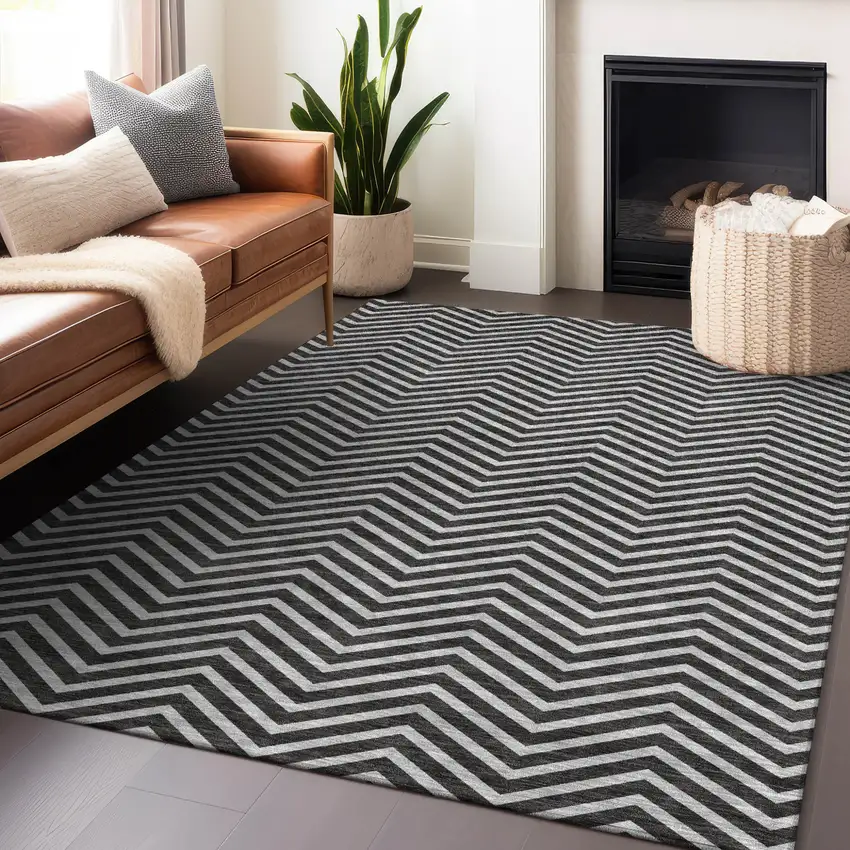 Black And Ivory Chevron Washable Indoor Outdoor Area Rug Photo 9