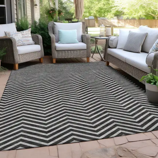 Black And Ivory Chevron Washable Indoor Outdoor Area Rug Photo 8