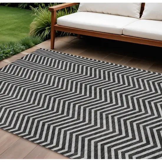 Black And Ivory Chevron Washable Indoor Outdoor Area Rug Photo 1