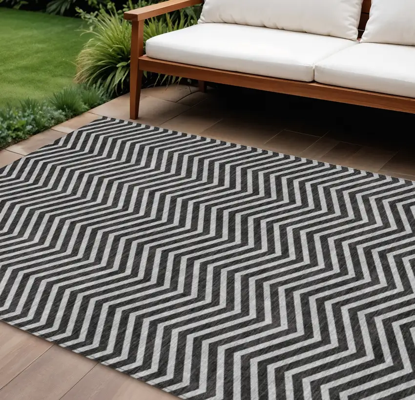 Black And Ivory Chevron Washable Indoor Outdoor Area Rug Photo 1