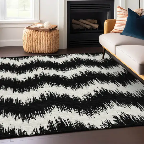Black And Ivory Chevron Washable Indoor Outdoor Area Rug Photo 7