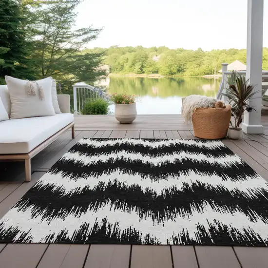 Black And Ivory Chevron Washable Indoor Outdoor Area Rug Photo 8