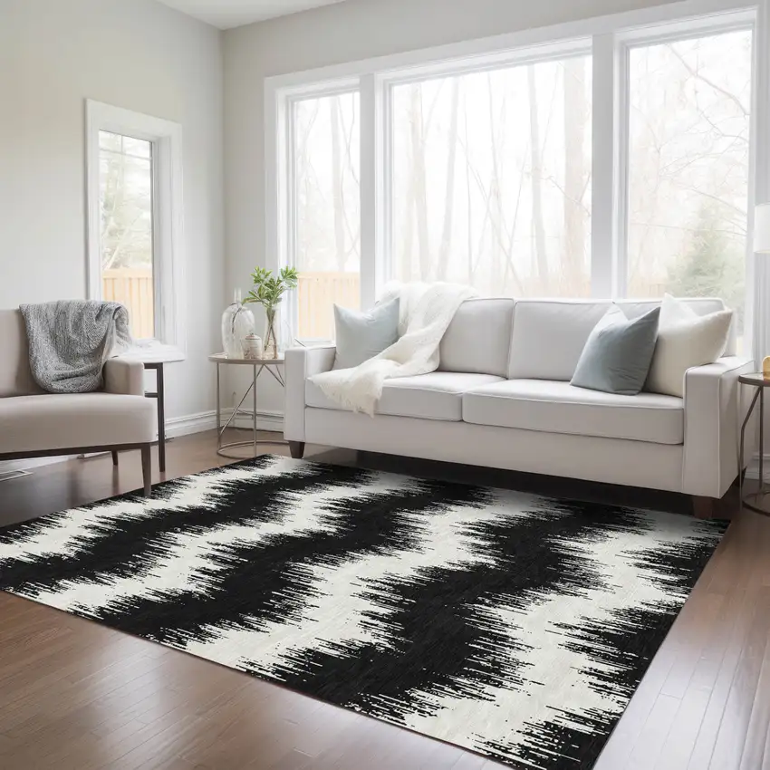 Black And Ivory Chevron Washable Indoor Outdoor Area Rug Photo 9
