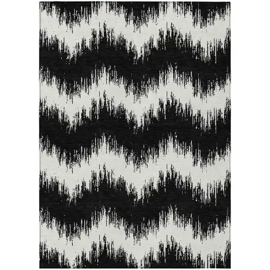 Black And Ivory Chevron Washable Indoor Outdoor Area Rug Photo 2