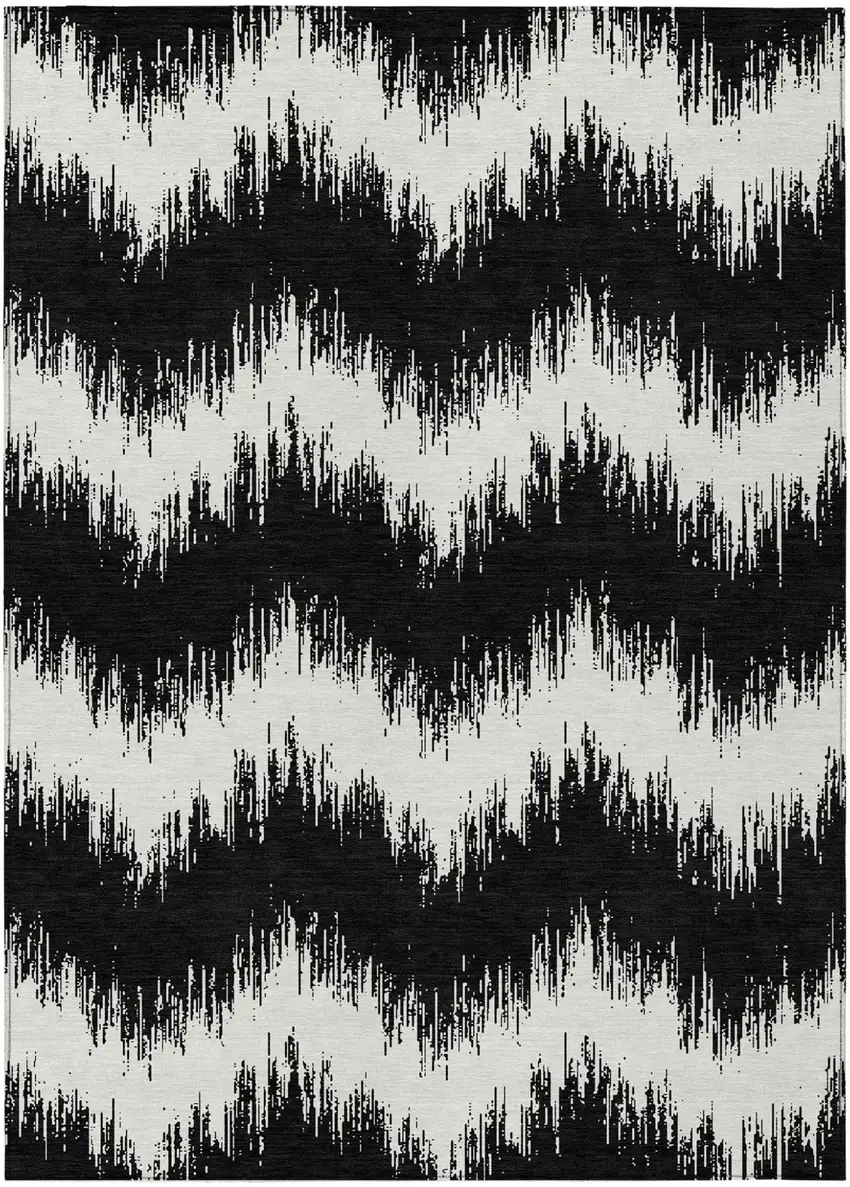 Black And Ivory Chevron Washable Indoor Outdoor Area Rug Photo 2