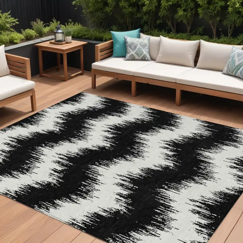 Black And Ivory Chevron Washable Indoor Outdoor Area Rug Photo 1