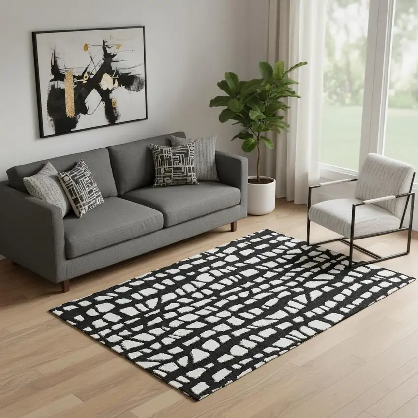 Black And Ivory Cobblestone Washable Area Rug With UV Protection Photo 1