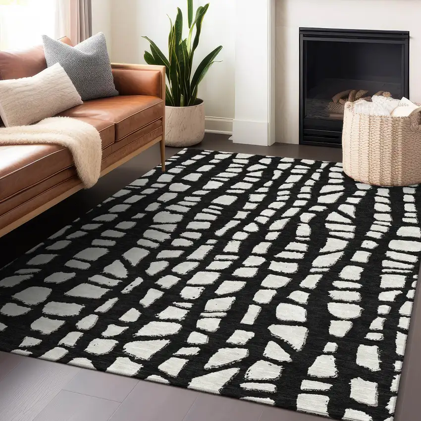 Black And Ivory Cobblestone Washable Area Rug With UV Protection Photo 6