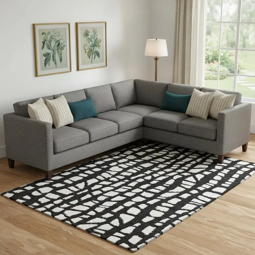 Black And Ivory Cobblestone Washable Area Rug With UV Protection Photo 1