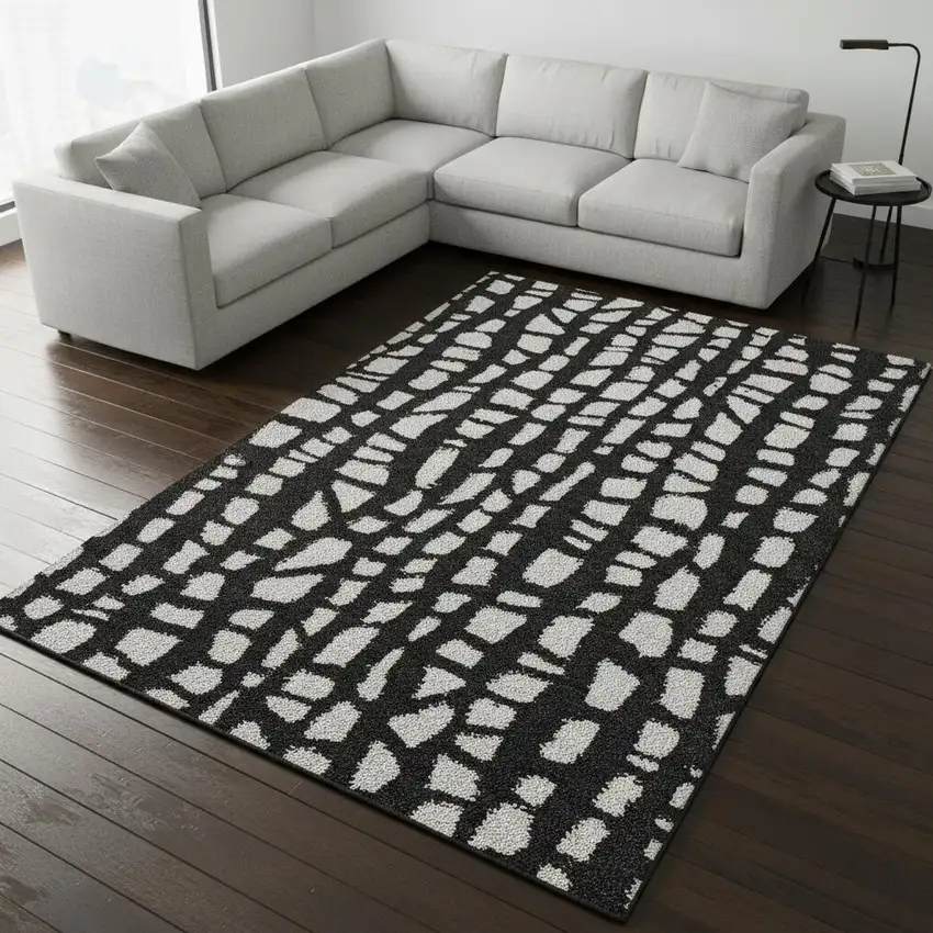 Black And Ivory Cobblestone Washable Area Rug With UV Protection Photo 2