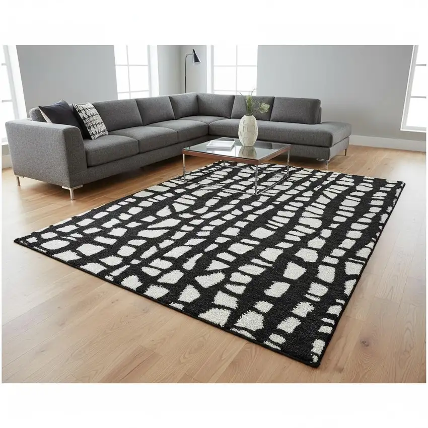 Black And Ivory Cobblestone Washable Area Rug With UV Protection Photo 2