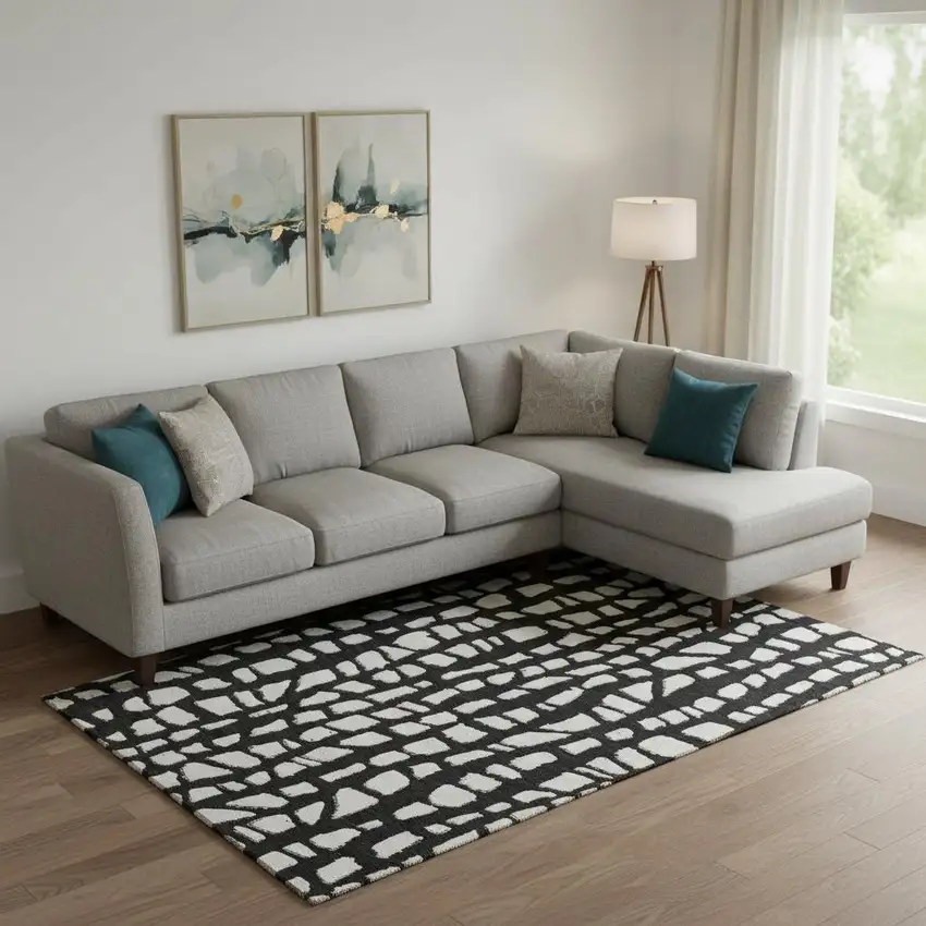 Black And Ivory Cobblestone Washable Area Rug With UV Protection Photo 1