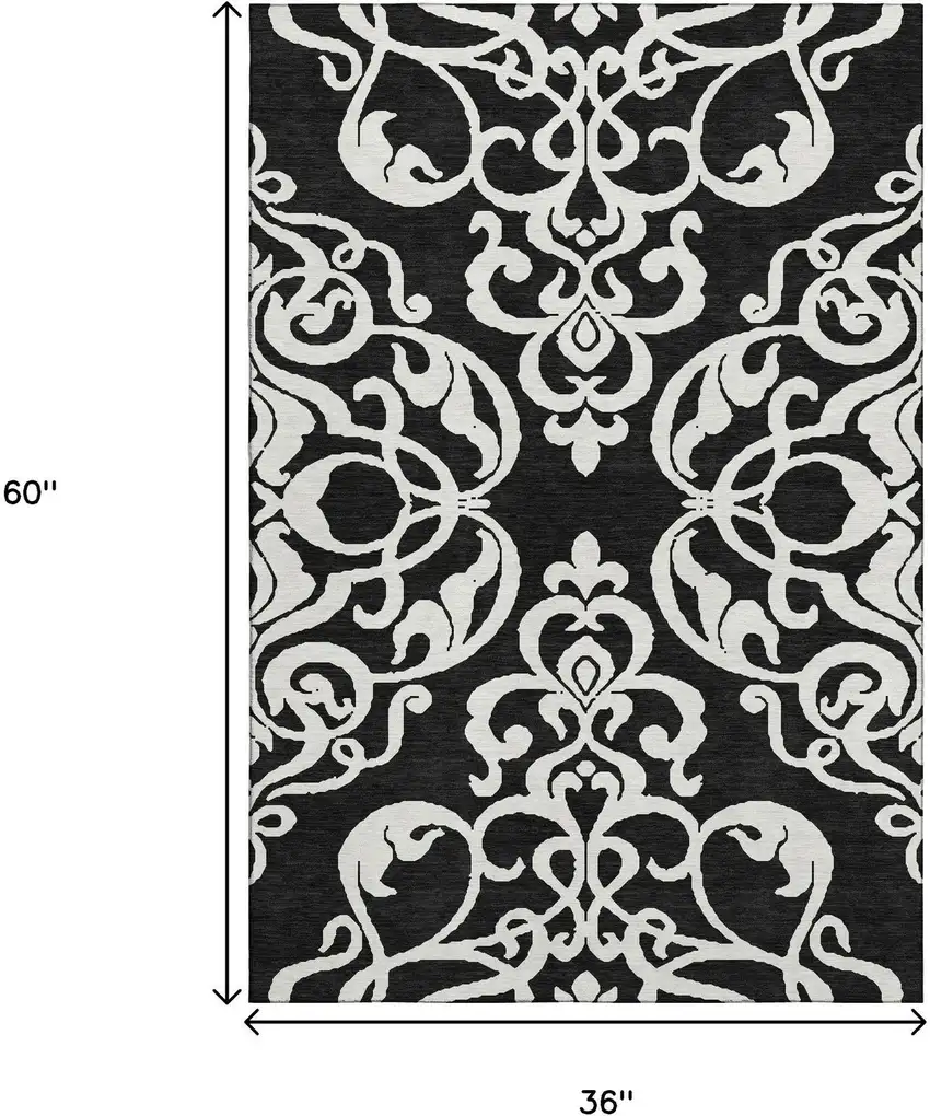Black And Ivory Damask Washable Area Rug With UV Protection Photo 9