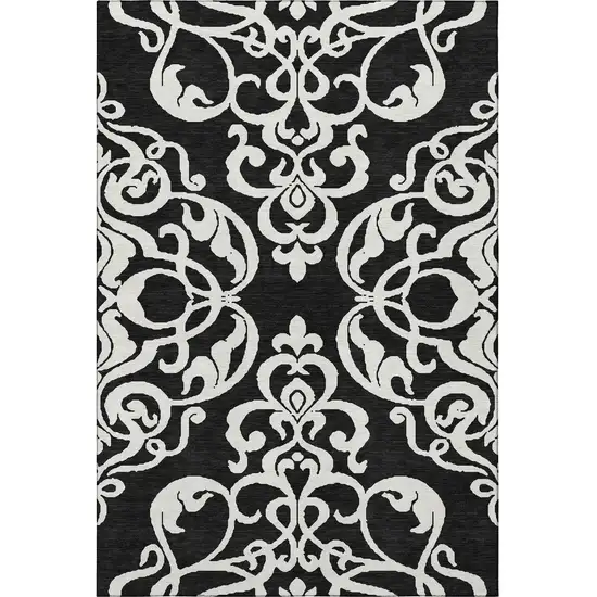 Black And Ivory Damask Washable Area Rug With UV Protection Photo 3