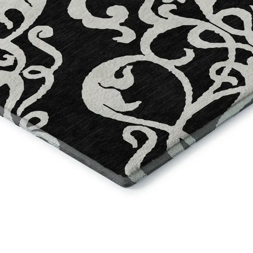 Black And Ivory Damask Washable Area Rug With UV Protection Photo 6
