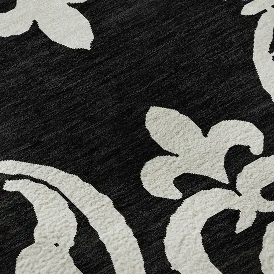 Black And Ivory Damask Washable Area Rug With UV Protection Photo 8