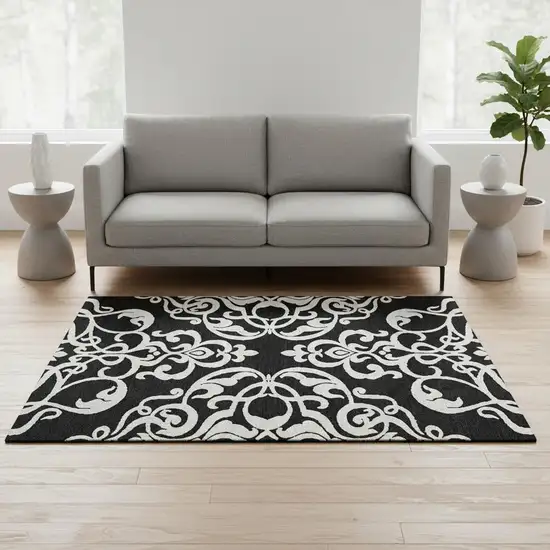 Black And Ivory Damask Washable Area Rug With UV Protection Photo 2