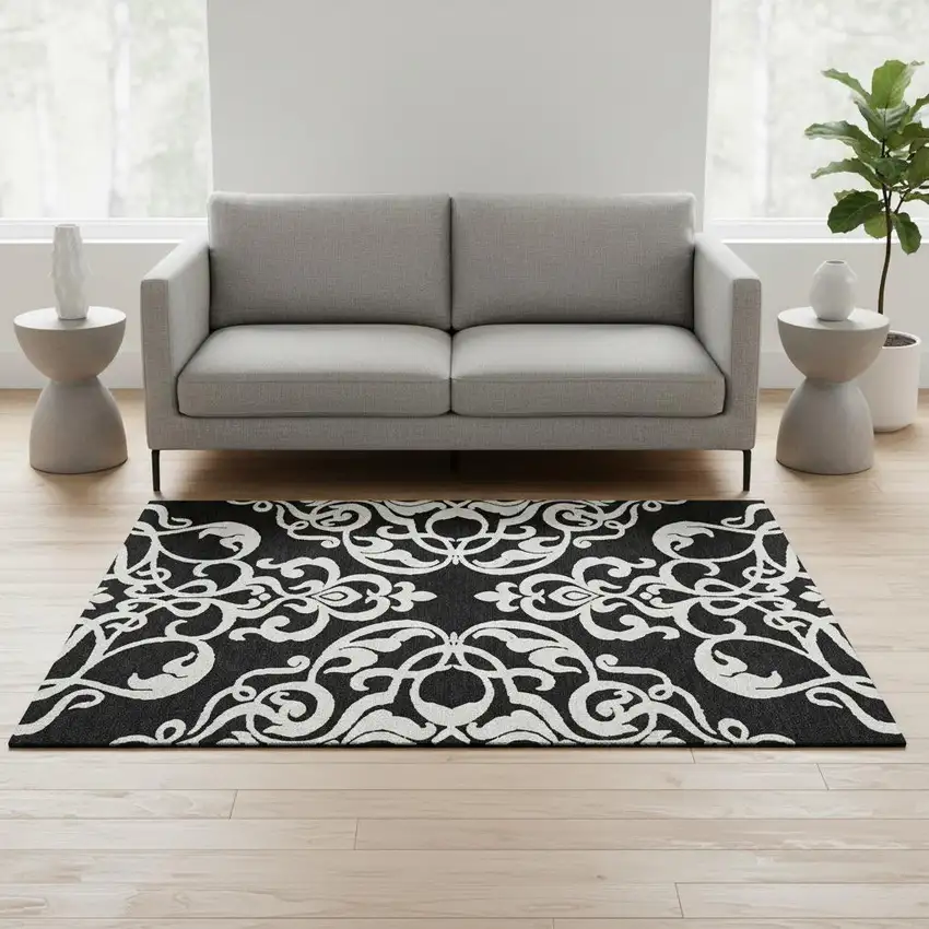 Black And Ivory Damask Washable Area Rug With UV Protection Photo 2