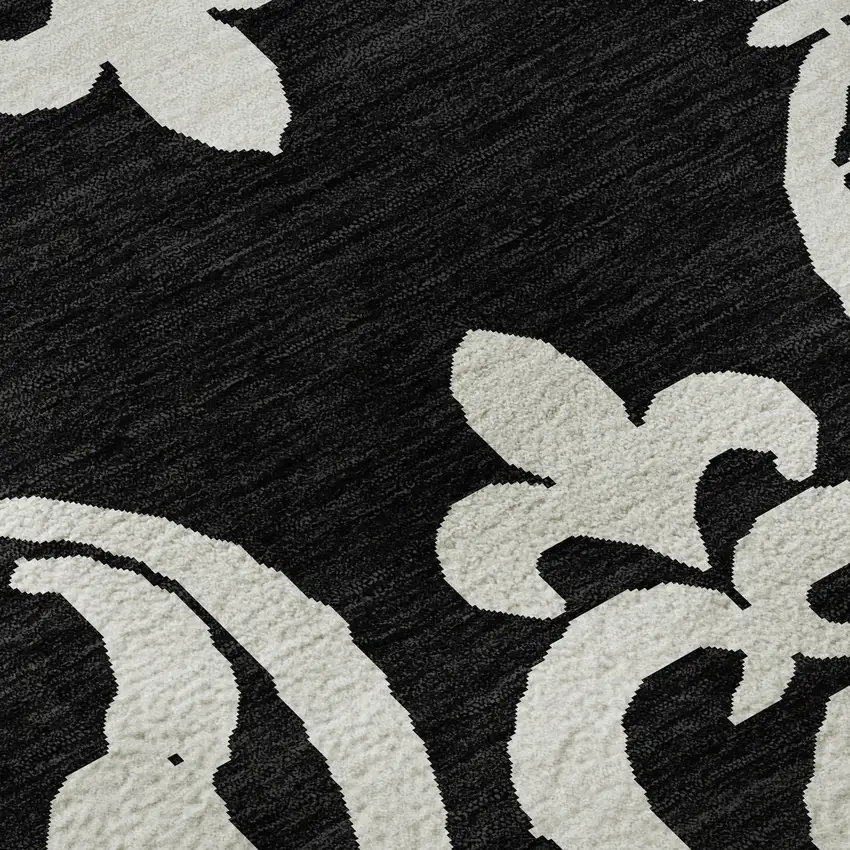 Black And Ivory Damask Washable Area Rug With UV Protection Photo 9