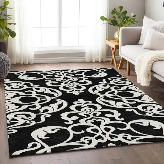 Black And Ivory Damask Washable Area Rug With UV Protection Photo 4