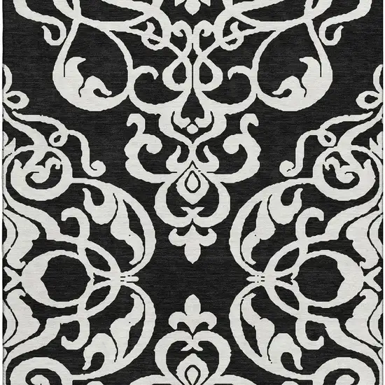 Black And Ivory Damask Washable Area Rug With UV Protection Photo 3