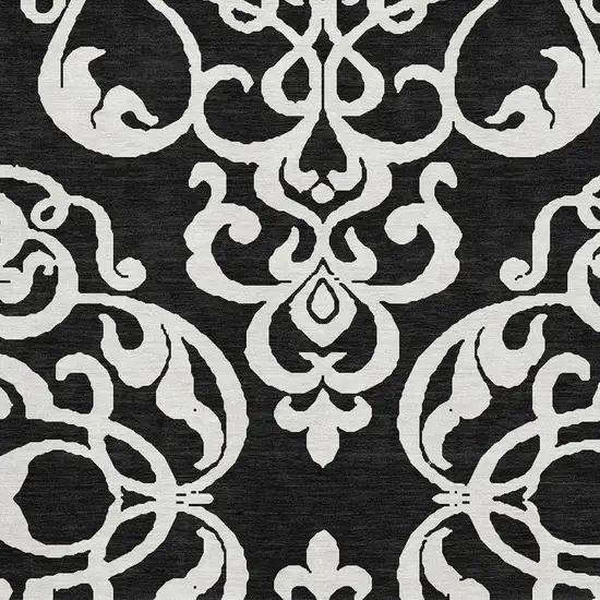 Black And Ivory Damask Washable Area Rug With UV Protection Photo 2