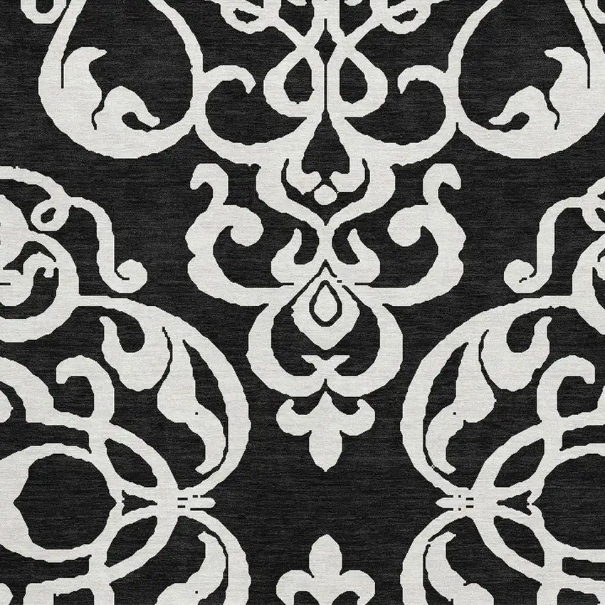 Black And Ivory Damask Washable Area Rug With UV Protection Photo 2