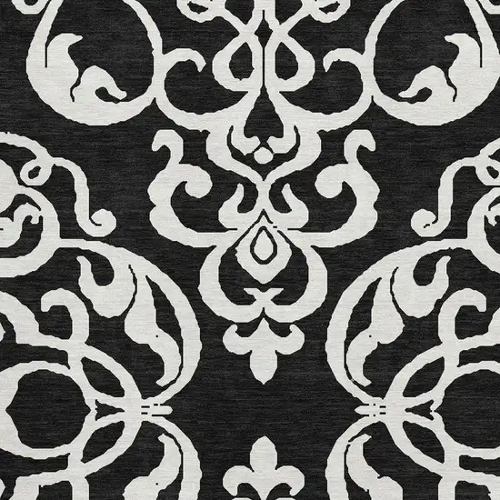 Black And Ivory Damask Washable Area Rug With UV Protection Photo 2